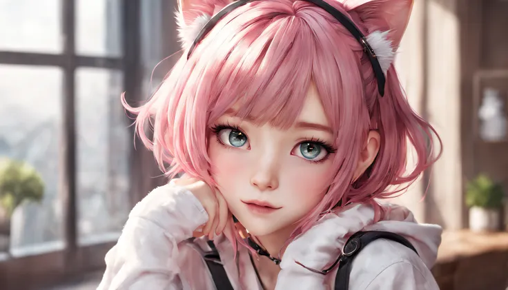 masterpiece, best quality, (1girl), beautiful detailed eyes, looking at viewer, upper body, pink hair, shy, cat ears, very detai...