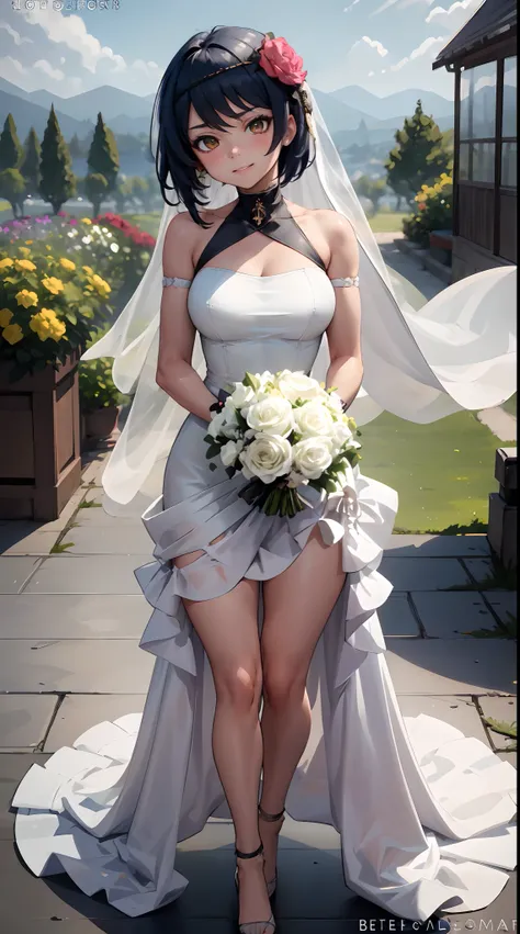 Kujou Sara | genshin impact, master-piece, bestquality, 1girls,25 years old, proportional body, proportional., Wedding Dresses, White Wedding Dress, Long skirt, wedding, ,bara, Standing in the middle of a flower garden, outdoor, wedding, The sky is beautif...