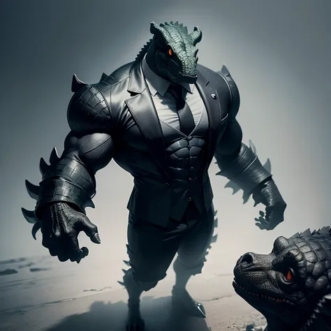 Humanoid  crocodile muscled ,  with a crocodiles head black with  a tail with 2 huge arms ,  in suit with a tie , full body