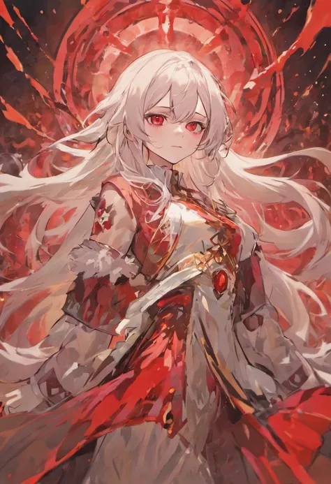 a gentleman with long white hair,pale skin,blood ruby eyes,thin body and thin waist,wearing a white royale clothes with red veins