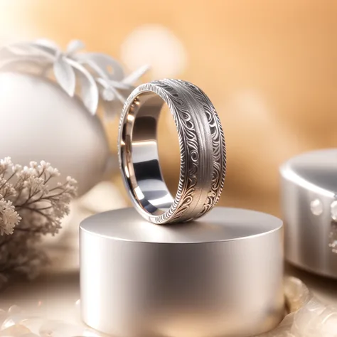 UHD, Super detail, Best quality, High details, 1080p, 16k,A pure silver ring covered with inscriptions，Place in a jewelry box，metalictexture，Bright lights，3D rendering