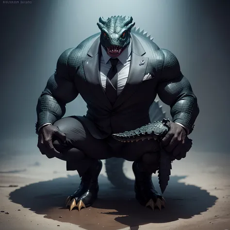 Humanoid  crocodile muscled ,  with a crocodiles head black with  a tail with 2 huge arms ,  in suit with a tie , full body