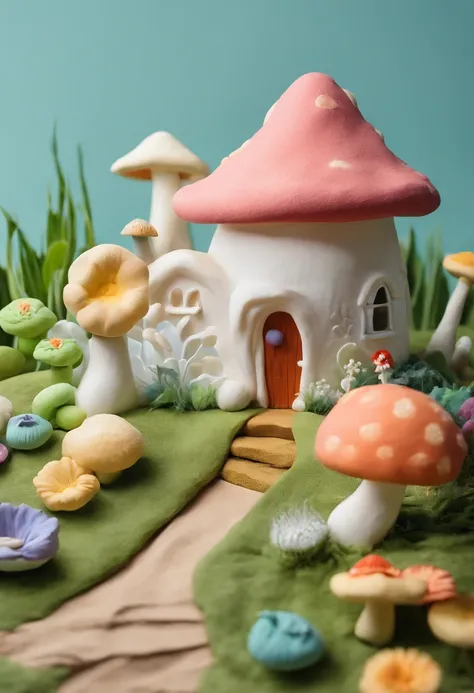 a mushroom shaped house, the garden is full of white dandelions, clay material, cartoonish design style, dreamy, sunlight shining, picnic in the grass