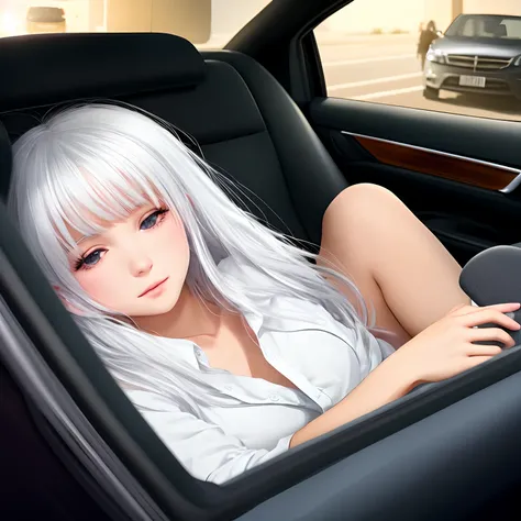 A white haired girl getting kidnapped in the back of a car passed out at night