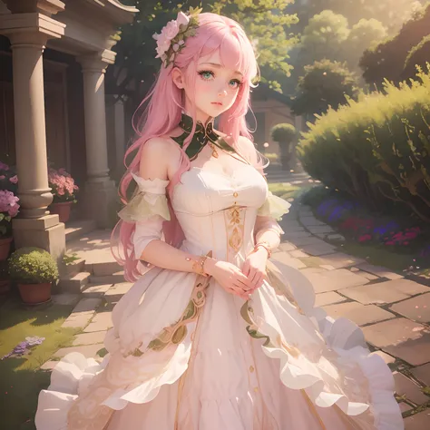 A twelve year old noble girl with pink hair and blue eyes, (beautiful detailed eyes,beautiful detailed lips,extremely detailed eyes and face,longeyelashes) in the art style of Genshin Impact. She is standing in the center of a vibrant garden, surrounded by...