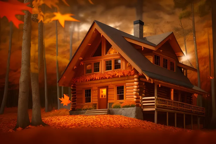 autumnal　Log house with autumn leaves