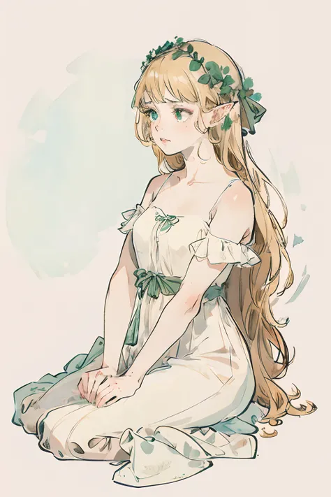 SFW,masutepiece, Best Quality, High resolution, 1girl in, Full body, Details Girl, detail hands, Detail fingers, Detail Face, detail legs, 1girl in, elf, Looking down, watercolor paiting, pale skin, Petite, Blonde hair, Long hair, Wavy Hair, saddened, mour...