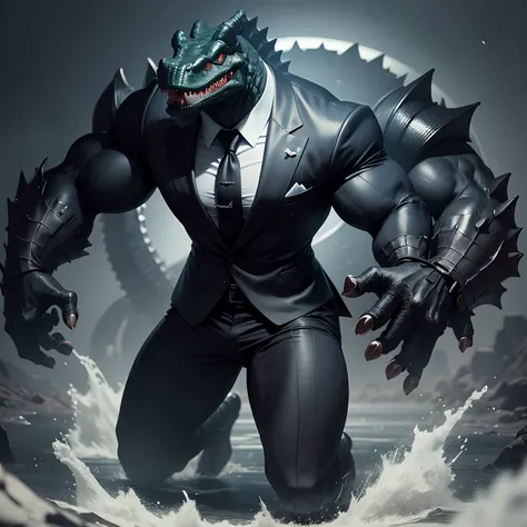 Humanoid  crocodile muscled ,  with a crocodiles head black with  a tail with 2 huge arms ,  in suit with a tie , full body