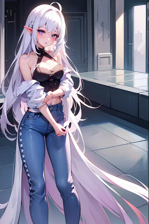 1girl、White hair、Long、Gradient Hair、Light purple eyes、radiant eyes、Parted lips、red blush、high-waisted jeans、low angles、