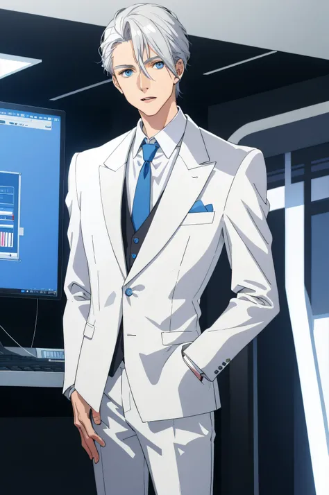 Man in white suit and tie standing in front of computer, Tall man with blue eyes, Man who looks wild, real photo style