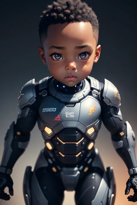 a black baby boy cyborg, cute pose, very cute, detailed face, detailed fat body, detailed outfit (reality: 1.4), (A hyper-realistic), (high resolution), (8K), (highly detailed), ( Best Illustration), (detailed eyes), (ultra-detailliert), Bright lighting, P...