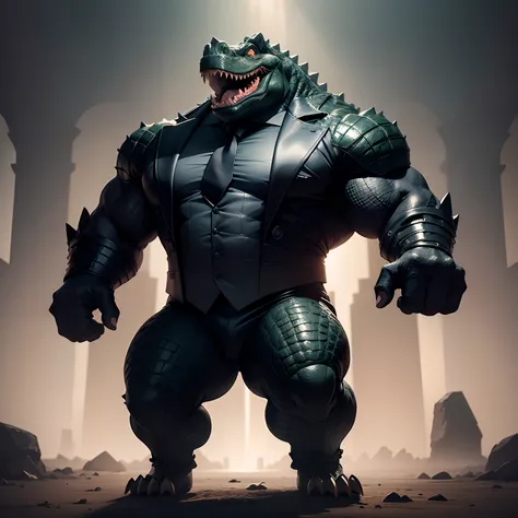 Humanoid  crocodile muscled ,  with a crocodiles head black with  a tail with 2 huge arms ,  in suit with a tie , full body