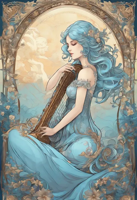 /upscale (masterpiece, top quality, best quality, official art, beautiful and aesthetic:1.2), (1girl), extreme detailed,(fractal art:1.3), light blue hair, innocent, playing the harp