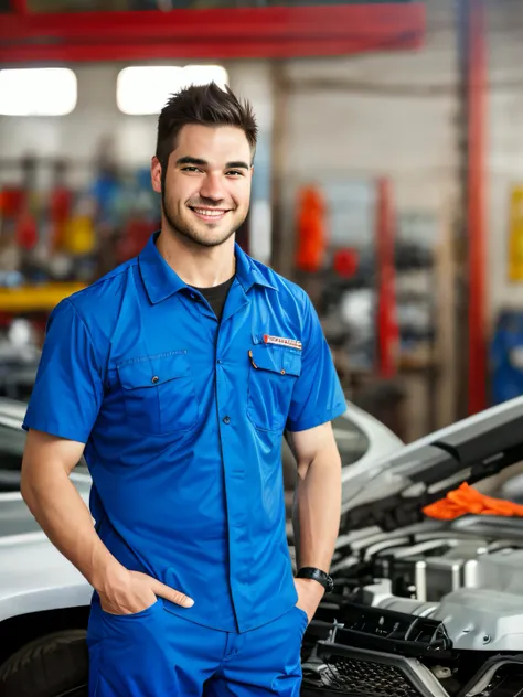 male people，Foreign Caucasians（1.1）年轻（1.2）A half body（1.12）Auto repair workers，With a smile on your face，solo person，Real Human，Car lift background