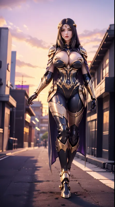 1GIRL, SOLO, (shiny black hair), (HUGE FAKE BOOBS:1.3), (GUARD ARM, GLOVE), IMMORTAL, (black, purple, gold, FUTURISTIC MECHA ARMOR SUIT, ROYAL CAPE, CLEAVAGE:1.5), (SKINTIGHT YOGA PANTS, HIGH HEELS:1.2), (NSFW GLAMOROUS BODY, SEXY LONG LEGS, FULL BODY:1.3)...