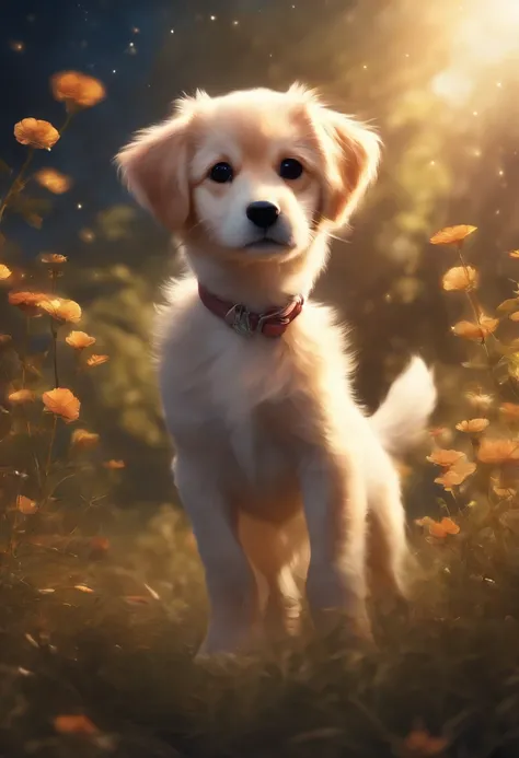 Anime Starfield，pup，the tail and walk happily，Dogs appear，4K clarity，Anime Dogs，Painting style heals itself