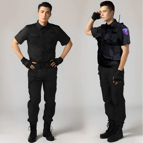 Two uniformed men stood side by side, Police uniform, Wearing a police uniform,Raise your hand in salute, full uniform, wearing black uniform, black armored uniform, Outfit: puff, security agent, JK school uniform, in a soldier uniform, police officers, in...