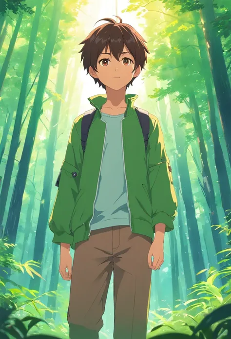 A boy with，Incarnate anime style，Exaggerated unique facial features and clothing，Stand in a green forest，Backlit background protruding main body，High-contrast colors，4K HD quality，年轻，ssmile，Handsome