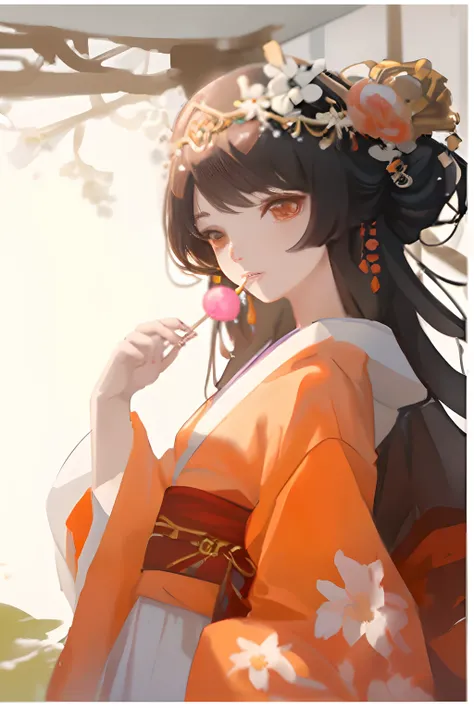 Girl in orange hanfu dress, Wear floral headdresses, long and flowing hair, wearing a white skirt, Take the lollipop in your right hand and put it to your mouth, sideways standing, Facing the audience. mediating: Watercolor painting，Additional Detail: Colo...