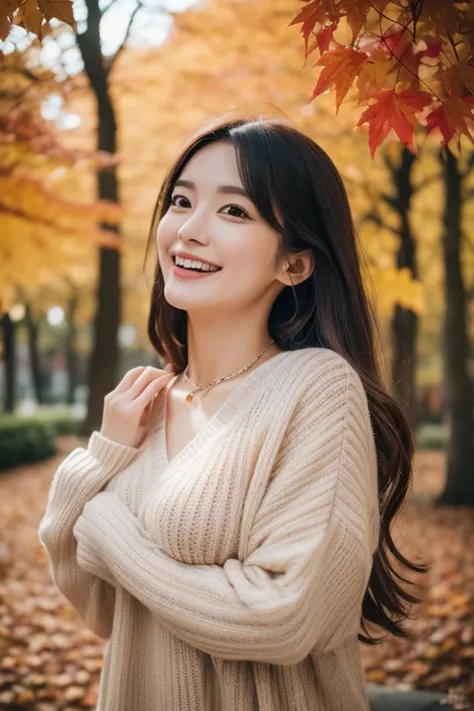 (Best Quality, in 8K, 32K, masutepiece, nffsw: 1.2), phot of a beautiful Japanese women, Large breasts, Long hair,full bodyesbian, Face Focus, Sweaters, Necklace, Background of autumn leaves, Farsight、Cat mouth、Open arms and look fun