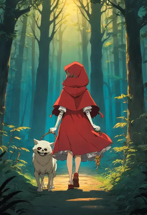 Dimly lit forest、Little Red Riding Hood holding hands with a skeleton。