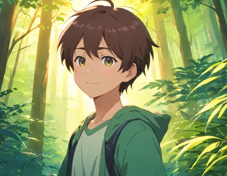 A boy with，Incarnate anime style，Exaggerated unique facial features and clothing，Stand in a green forest，Brown trunk，Lots of branches，Various birds chirp on the branches，Backlit background protruding main body，High-contrast colors，4K HD quality，年轻，ssmile，H...