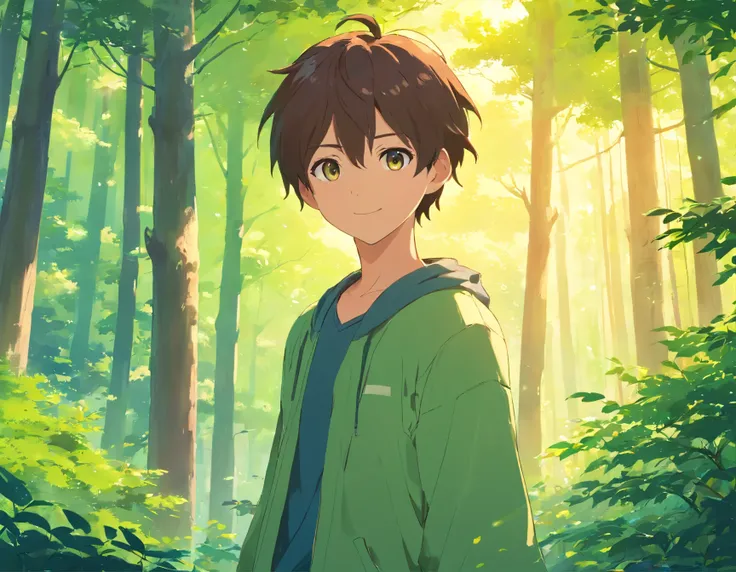 A boy with，Incarnate anime style，Exaggerated unique facial features and clothing，Stand in a green forest，Brown trunk，Lots of branches，Various birds chirp on the branches，Backlit background protruding main body，High-contrast colors，4K HD quality，年轻，ssmile，H...