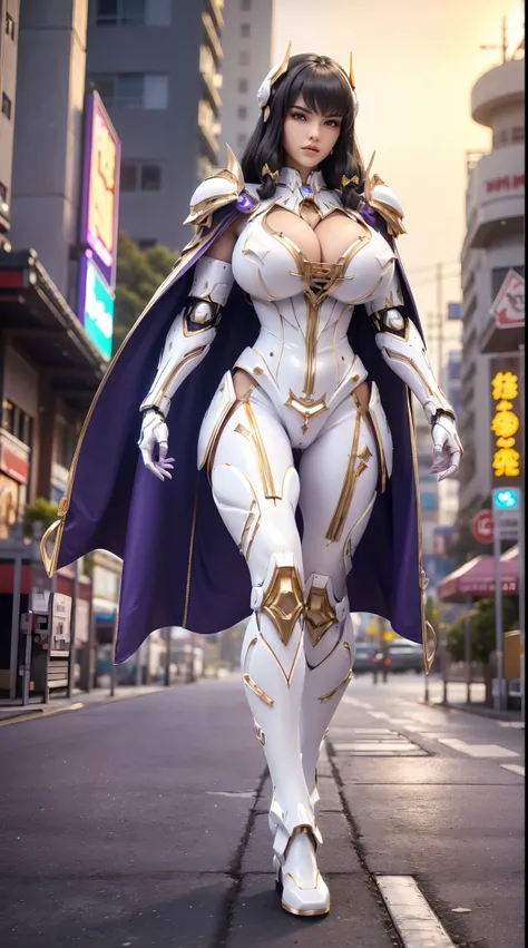1GIRL, SOLO, (shiny black hair), (HUGE FAKE BOOBS:1.3), (GUARD ARM, GLOVE), IMMORTAL, (white, purple, gold, FUTURISTIC MECHA ARMOR SUIT, ROYAL CAPE, CLEAVAGE:1.5), (SKINTIGHT YOGA PANTS, HIGH HEELS:1.2), (NSFW GLAMOROUS BODY, SEXY LONG LEGS, FULL BODY:1.3)...