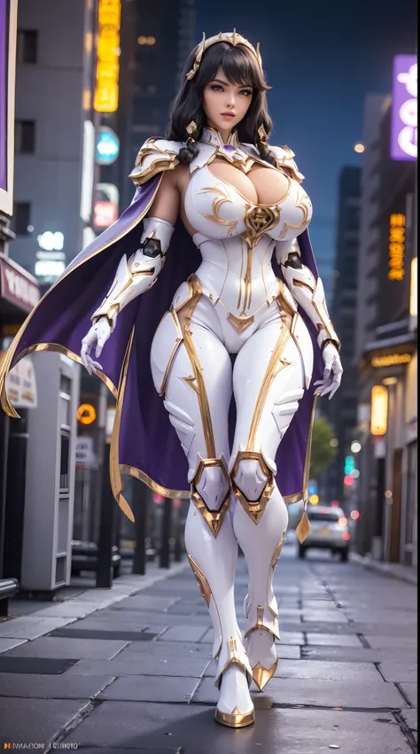 1GIRL, SOLO, (shiny black hair), (HUGE FAKE BOOBS:1.3), (GUARD ARM, GLOVE), IMMORTAL, (white, purple, gold, FUTURISTIC MECHA ARMOR SUIT, ROYAL CAPE, CLEAVAGE:1.5), (SKINTIGHT YOGA PANTS, HIGH HEELS:1.2), (NSFW GLAMOROUS BODY, SEXY LONG LEGS, FULL BODY:1.3)...