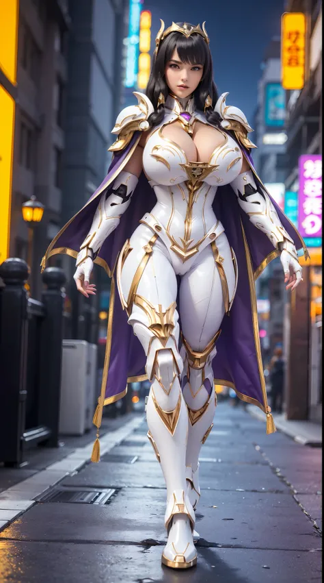 1GIRL, SOLO, (shiny black hair), (HUGE FAKE BOOBS:1.3), (GUARD ARM, GLOVE), IMMORTAL, (white, purple, gold, FUTURISTIC MECHA ARMOR SUIT, ROYAL CAPE, CLEAVAGE:1.5), (SKINTIGHT YOGA PANTS, HIGH HEELS:1.2), (NSFW GLAMOROUS BODY, SEXY LONG LEGS, FULL BODY:1.3)...