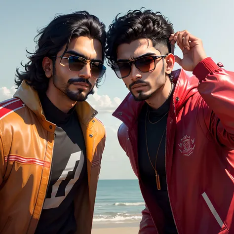 there are two man wearing sunglasses and a red jacket posing for a picture, khyzyl saleem, ash thorp khyzyl saleem, mohamed chahin, sayem reza, raden saleh, enes dirig, riyahd cassiem, mohamed chahin style, portait photo profile picture, with a cool pose, ...