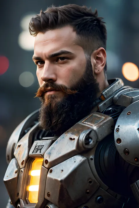 Portrait photo of muscular bearded guy in a worn mech suit, ((light bokeh)), intricate, (steel metal [rust]), elegant, sharp focus, photo by greg rutkowski, soft lighting, vibrant colors, masterpiece, ((streets)), detailed face