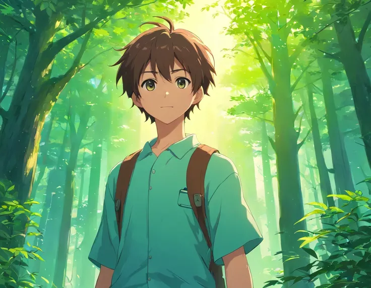 A boy with，Incarnate anime style，Exaggerate unique facial features and clothing，Standing in the middle of a green forest，Full body photo，年轻，ssmile，Handsome，Brown trunk，Lots of branches，Various birds chirp on the branches，large scene，The backlit background ...