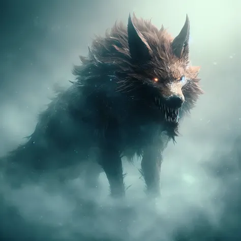 Giant fox beast, dense mist, glowing eyes