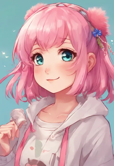 anime girl with pink hair and blue eyes with a black bird on her head, sayori, anime moe artstyle, extremely cute anime girl face, cute anime face, cute anime girl portraits, kawaii realistic portrait, detailed portrait of anime girl, anime girl named lucy...