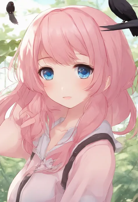 anime girl with pink hair and blue eyes with a black bird on her head, sayori, anime moe artstyle, extremely cute anime girl face, cute anime face, cute anime girl portraits, kawaii realistic portrait, detailed portrait of anime girl, anime girl named lucy...