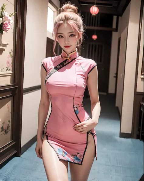 (Huge breasts), (18 years old), (Very head), Daylight, Sunlight, (Perfect body:1.1), (cyan cheongsam), ((standing)), (bun hair), (Wavy Hair), (pink hair), (Pink and blue highlight hair), ((FullBody)), (8K), (extremely delicate and beautiful), (masterpiece)...