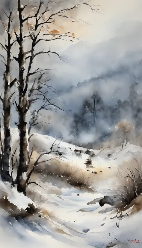 I want to chase the light horse，Heavy snow full of bow knives，Chinese landscape painting，ink and watercolor painting，water ink，ink，Smudge，Faraway view，Ultra-wide viewing angle，Meticulous，，Works of masters，tmasterpiece