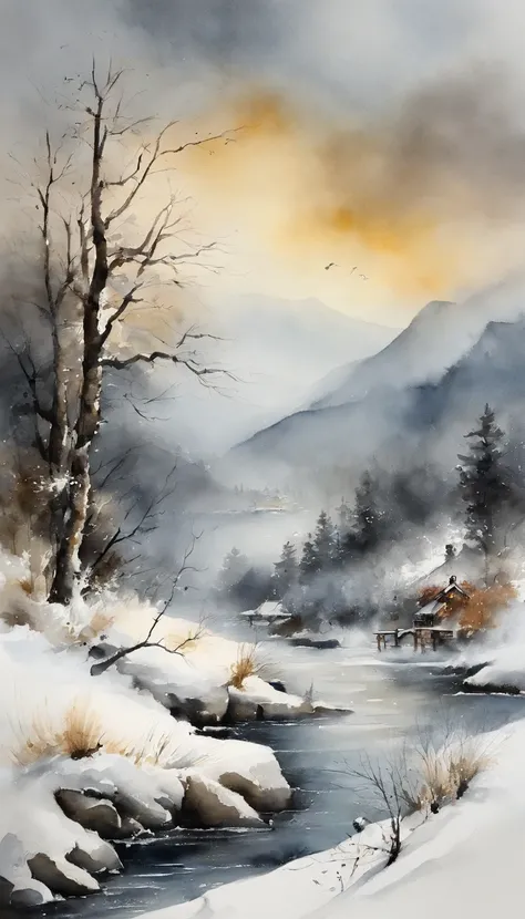 I want to chase the light horse，Heavy snow full of bow knives，Chinese landscape painting，ink and watercolor painting，water ink，ink，Smudge，Faraway view，Ultra-wide viewing angle，Meticulous，，Works of masters，tmasterpiece