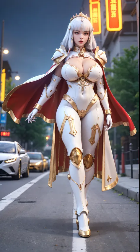 1GIRL, SOLO, (white hair), (HUGE FAKE BOOBS:1.3), (GUARD ARM, GLOVE), IMMORTAL, (white, red, gold, FUTURISTIC MECHA ARMOR SUIT, ROYAL CAPE, CLEAVAGE:1.5), (SKINTIGHT YOGA PANTS, HIGH HEELS:1.2), (NSFW GLAMOROUS BODY, SEXY LONG LEGS, FULL BODY:1.3), (FROM F...