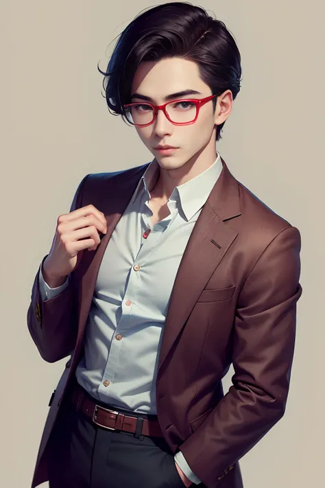 Male Journalist。Cool 30s。male people。Red and thin glasses。Extremely delicate and beautiful。hight resolution。Best Illustration。Best Shadow。hightquality。Plain clothe。Standing picture。