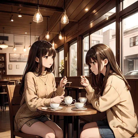 girls having tea in a café、a café with a soft image of wood grain、wearing beige knitwear、complex writing、masterpiece