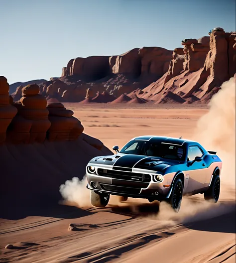 Show an epic scene of a 2022 silver dodge challenger racing in the desert, launching over a cliff