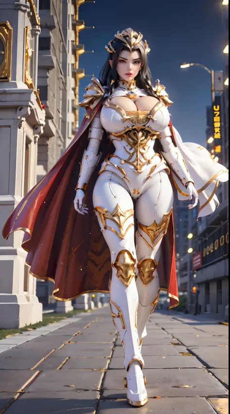 1GIRL, SOLO, (black hair), (HUGE FAKE BOOBS:1.3), (GUARD ARM, GLOVE), IMMORTAL, (white, red, gold, FUTURISTIC MECHA ARMOR SUIT, ROYAL CAPE, CLEAVAGE:1.5), (SKINTIGHT YOGA PANTS, HIGH HEELS:1.2), (NSFW GLAMOROUS BODY, SEXY LONG LEGS, FULL BODY:1.3), (FROM F...