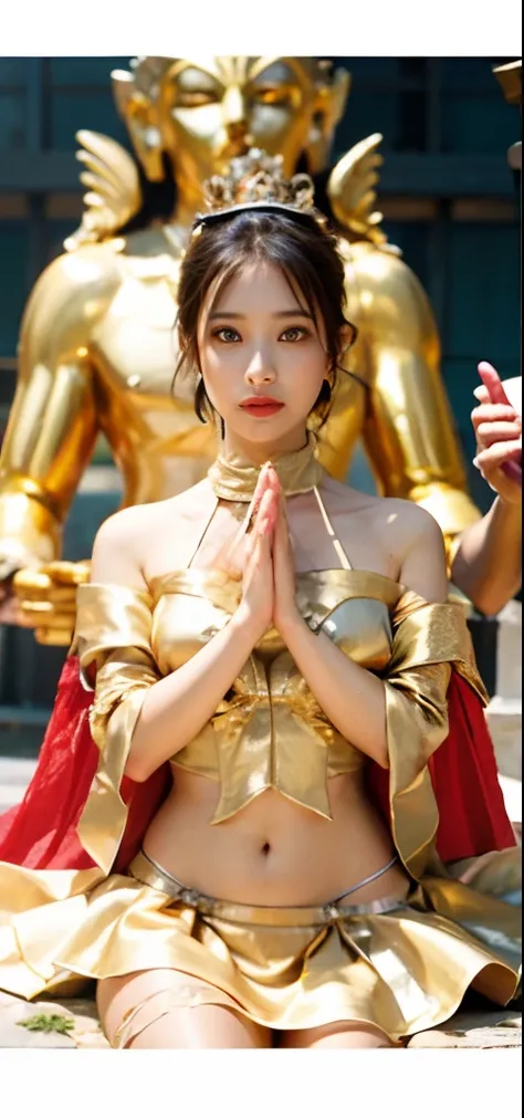 1girl in、top-quality、​masterpiece、超A high resolution、(Photorealsitic:1.4)、Raw photo、（Face of 15 year old beautiful girl）、Straight long hair、dark brown  hair、glowy skin、Dramatic、（Golden See-Through High Leg Competitive Swimwear）、（Golden transparent flutteri...