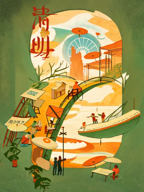 There is a poster，There is a picture of the bridge and the people on it, Poster illustration, A beautiful artwork illustration, illustrated poster, painted illustration poster, Oriental inspired poster, Detailed 2D illustration, Poster design, Digital illu...