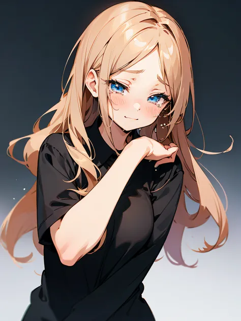 Bronze hair and faint smile, pixiv , real life anime girl, cute natural anime face, Very beautiful cute, Black shirt handwriting style,Hand drawn illustration style, handdraw, Crying girl