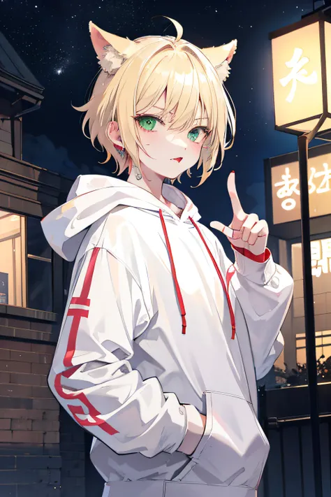 A Man, Blond hair and green eyes, Canine ears、red blush、tongue-out、a high school boy、piece sign、The tattoo、Short hair stylist, White hoodie, Top of the building, Night, Badass,