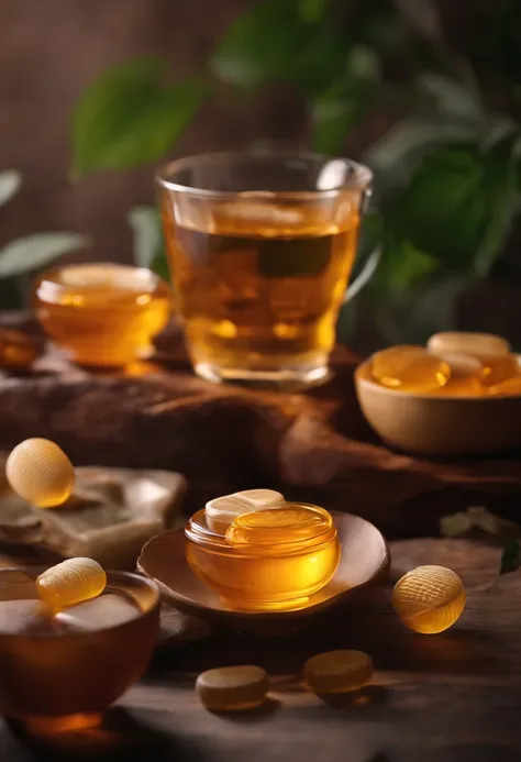 Under the high-light effect of Chinese medicinal water honey pills，Show the water cup。