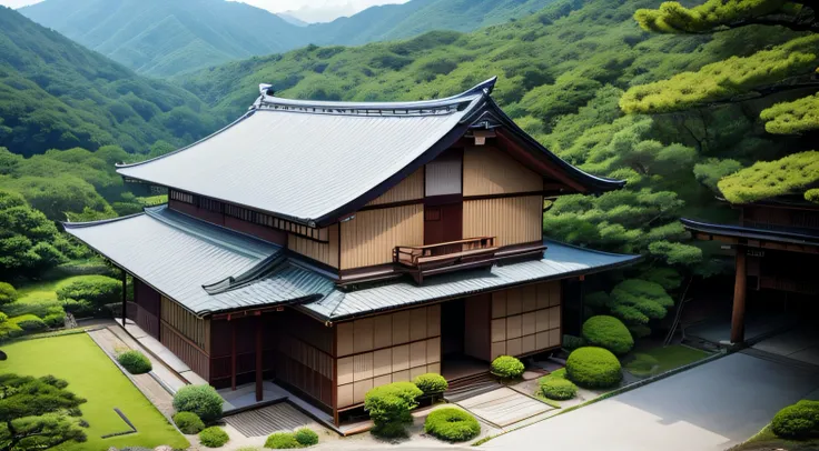 Ryokan is in a remote corner of Japan, nestled within a lush forest,bird eyes view